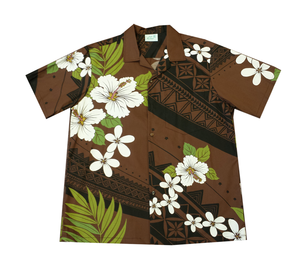 Hawaiian Hibiscus Brown Cotton Blended Aloha Shirt